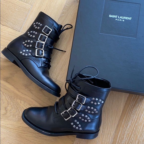 Saint Laurent Shoes - Saint Laurent Black Combat Boots with Silver Accents